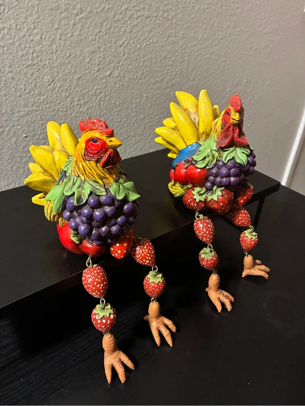 Anthropomorphic ROOSTER Sculpture Shelf Sitter Fruit Strawberries VTG x2